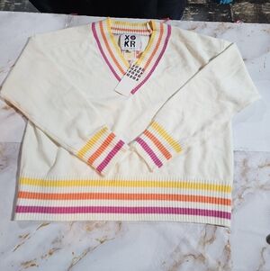 XO KR Striped V-Neck Tennis Sweater Cream Knit Pullover Cropped Preppy Y2K Nwt L